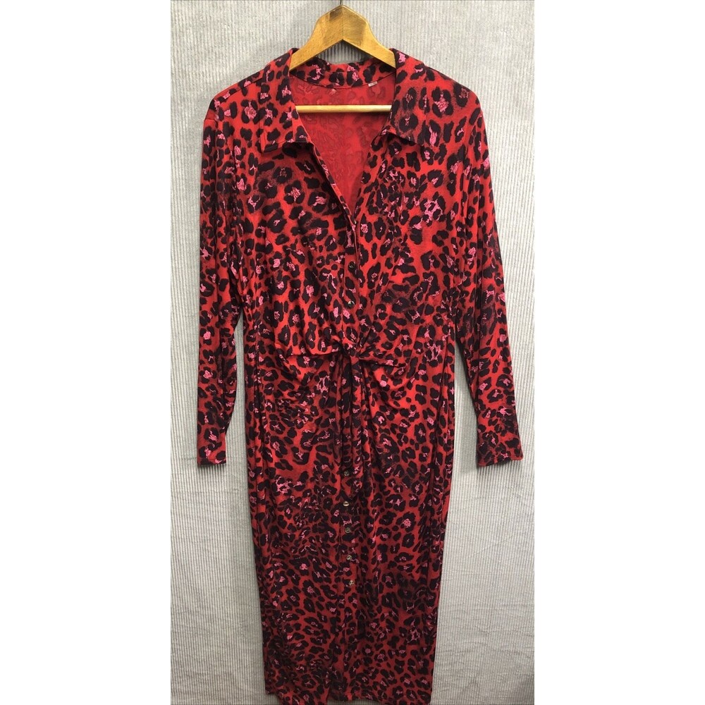 Maxi Dress XL Red Black Leopard Snap Button Closure Tie Waist Mob Wife Aesthetic